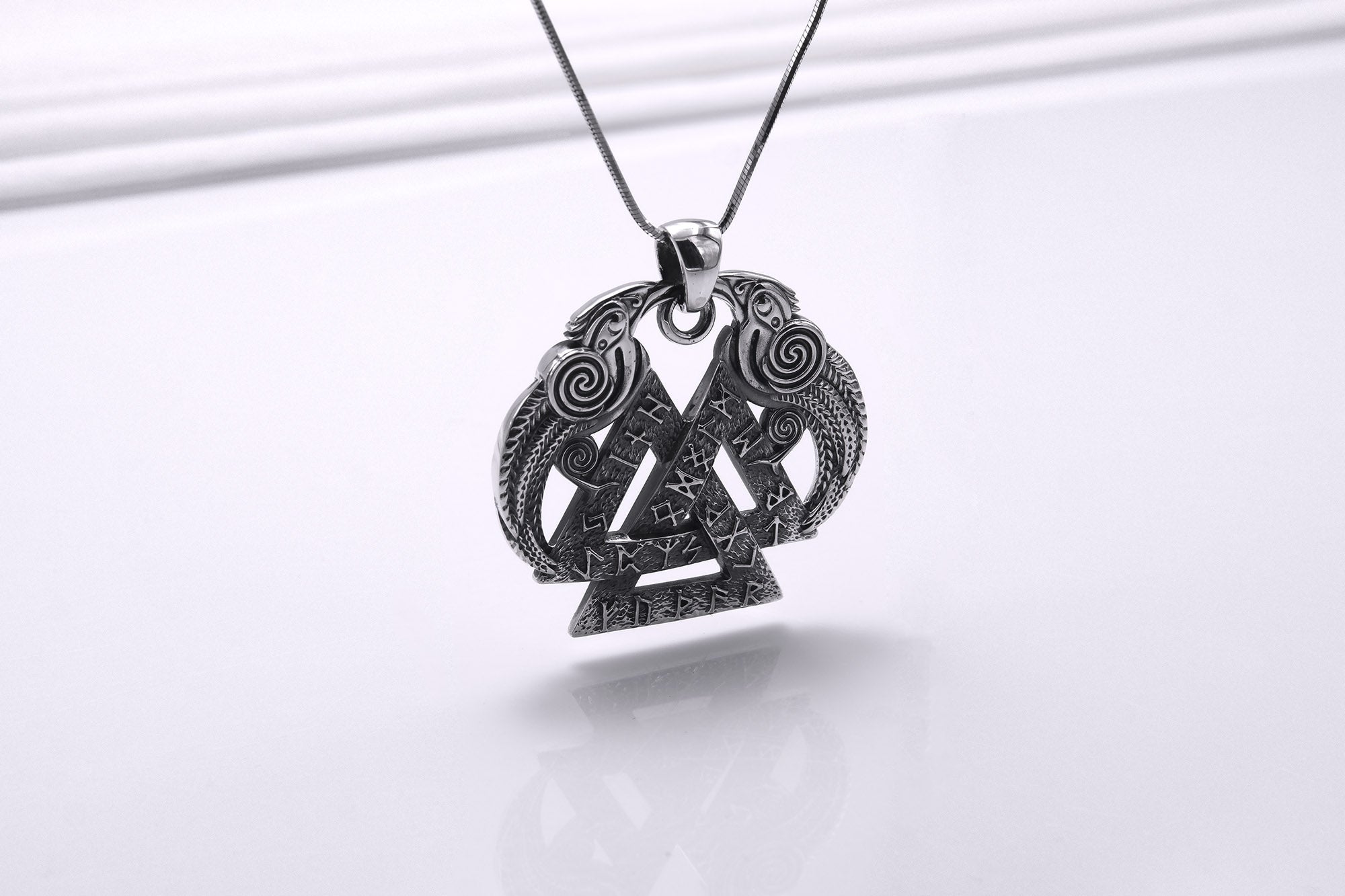 925 Silver Ravens Pendant with Triquetra Symbol and Norse Runes, Handmade Viking Jewelry - vikingworkshop