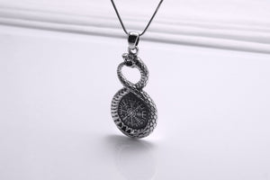 Sterling Silver Ouroboros Pendant with Vegvisir Symbol, Handmade Viking Jewelry - vikingworkshop