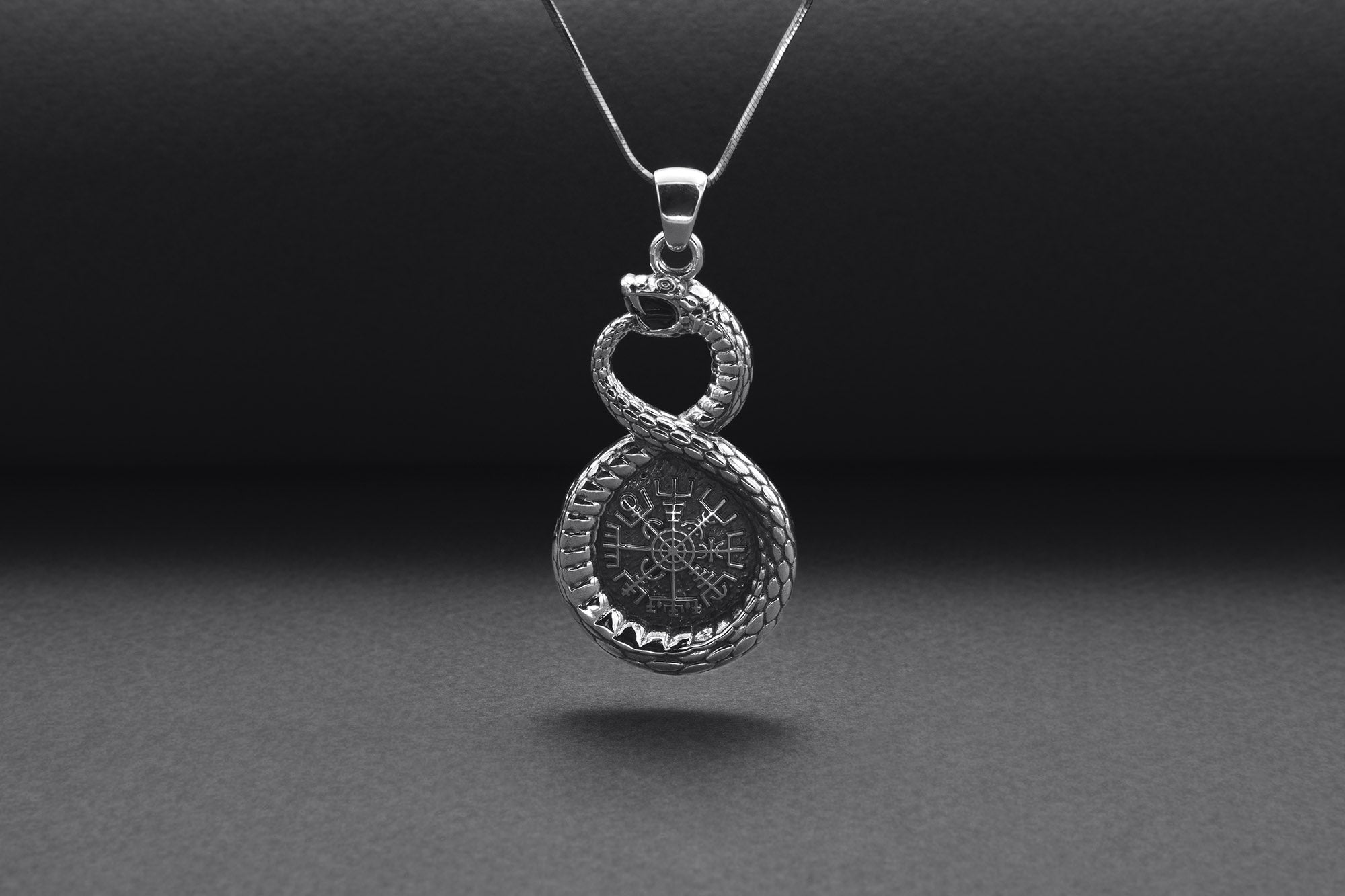 Sterling Silver Ouroboros Pendant with Vegvisir Symbol, Handmade Viking Jewelry - vikingworkshop