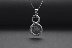 Sterling Silver Ouroboros Pendant with Vegvisir Symbol, Handmade Viking Jewelry - vikingworkshop