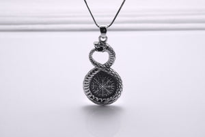 Sterling Silver Ouroboros Pendant with Vegvisir Symbol, Handmade Viking Jewelry - vikingworkshop