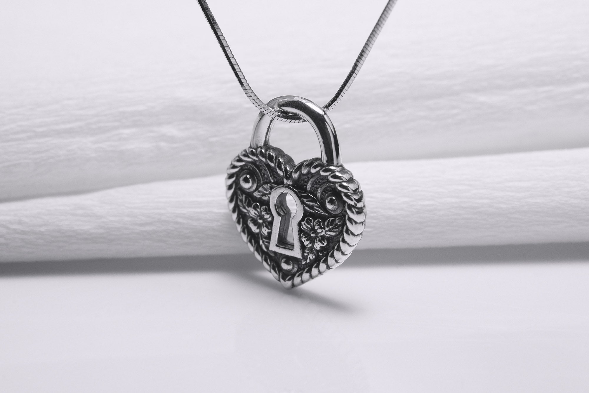 Sterling Silver Heart Shape Keyhole Necklace with Floral Ornament, Handmade Fashion Jewelry - vikingworkshop