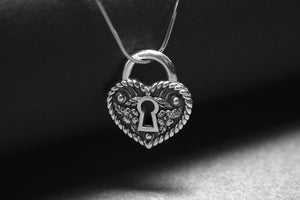 Sterling Silver Heart Shape Keyhole Necklace with Floral Ornament, Handmade Fashion Jewelry - vikingworkshop