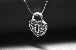 Sterling Silver Heart Shape Keyhole Necklace with Floral Ornament, Handmade Fashion Jewelry - vikingworkshop