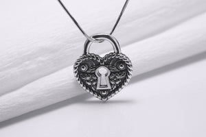 Sterling Silver Heart Shape Keyhole Necklace with Floral Ornament, Handmade Fashion Jewelry - vikingworkshop