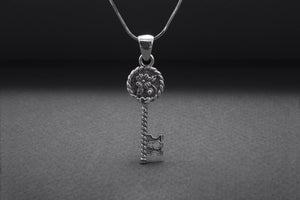 Sterling Silver Heart Shape Key Necklace with Floral Ornament, Handmade Fashion Jewelry - vikingworkshop