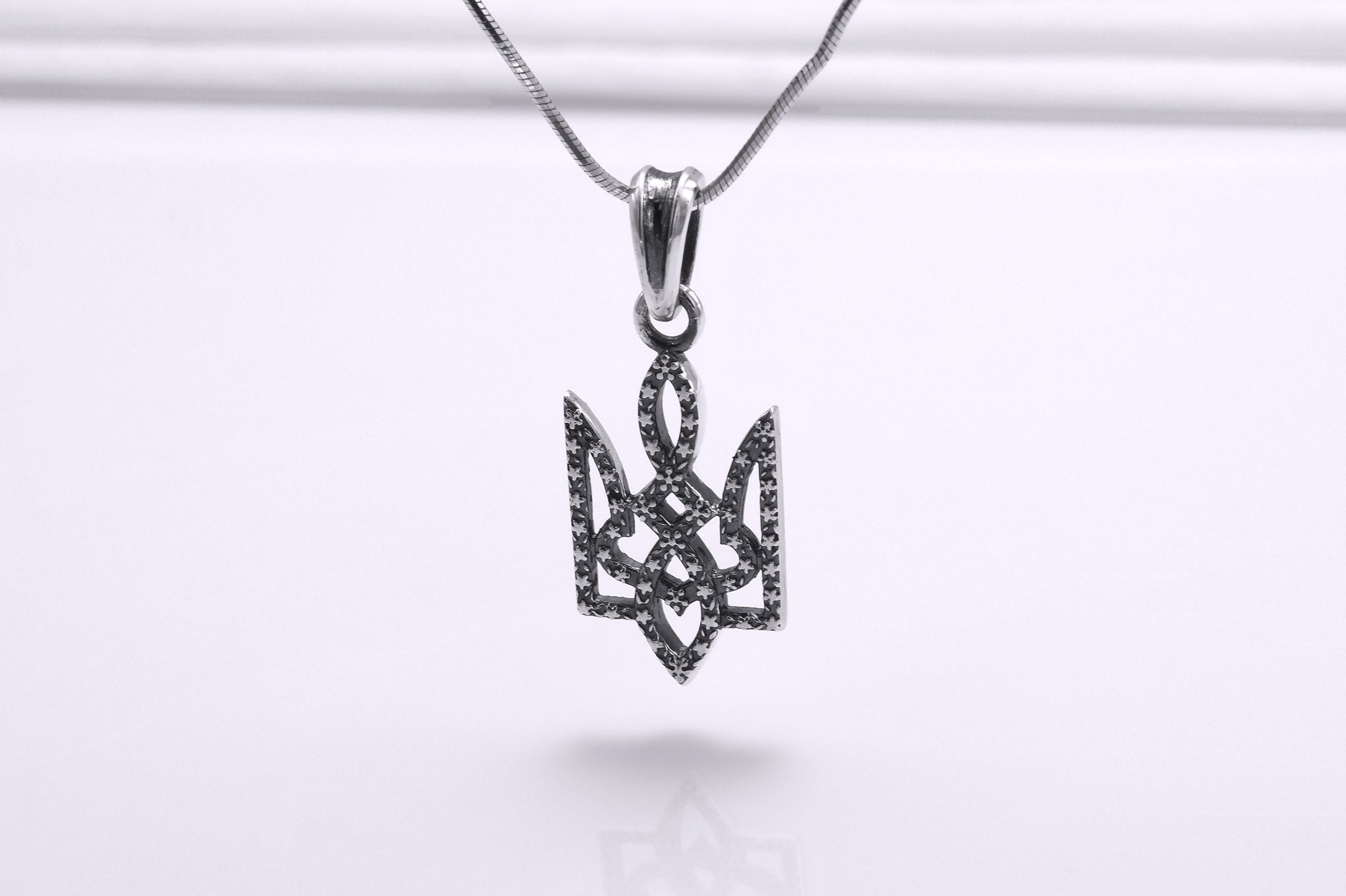 Sterling Silver Ukrainian Trident Pendant with Flowers, Made in Ukraine Jewelry - vikingworkshop