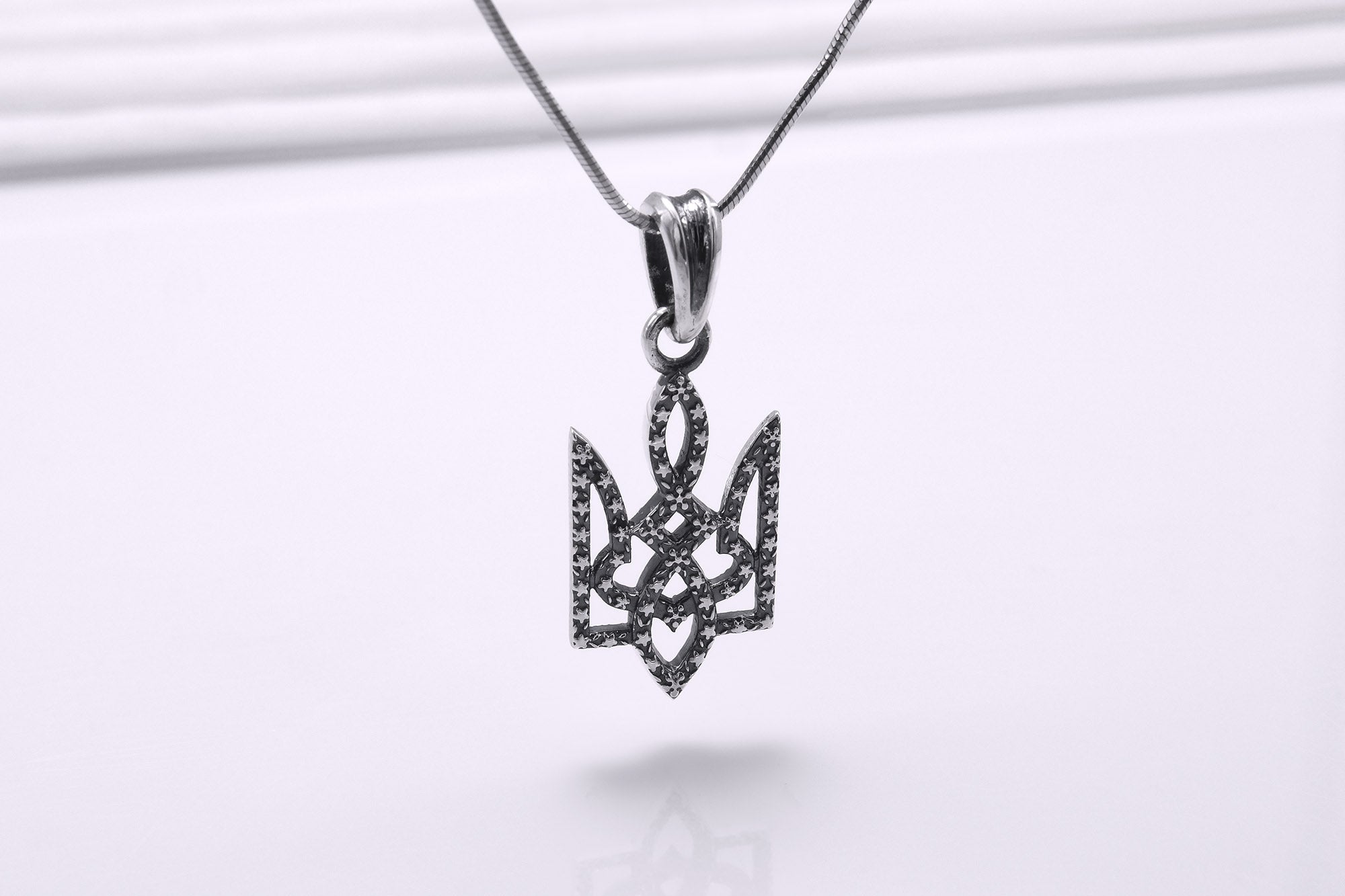 Sterling Silver Ukrainian Trident Pendant with Flowers, Made in Ukraine Jewelry - vikingworkshop