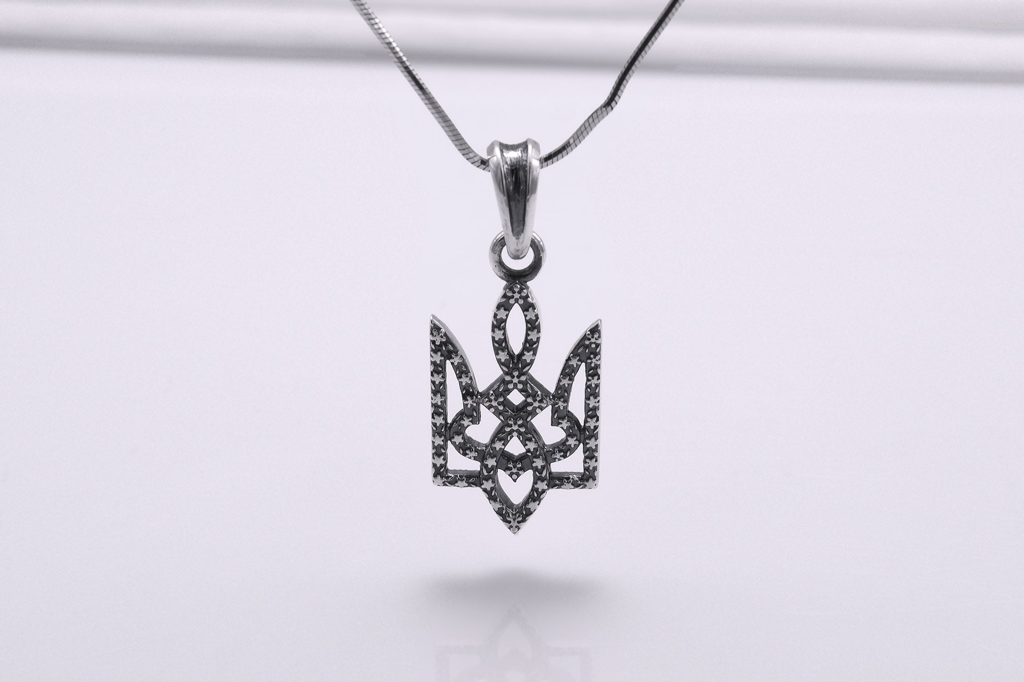 Sterling Silver Ukrainian Trident Pendant with Flowers, Made in Ukraine Jewelry - vikingworkshop