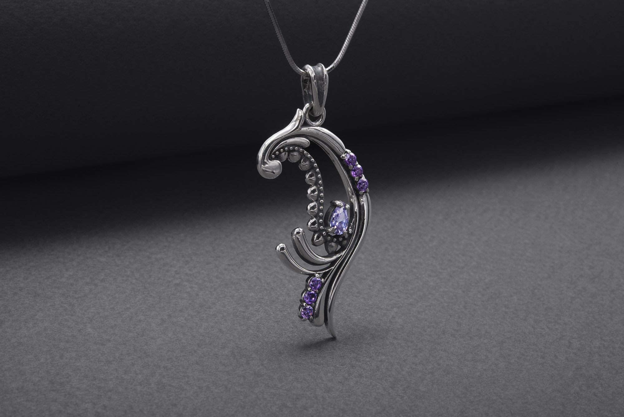 925 Silver Paisley Pattern Pendant with Gems, Handmade Fashion Jewelry - vikingworkshop