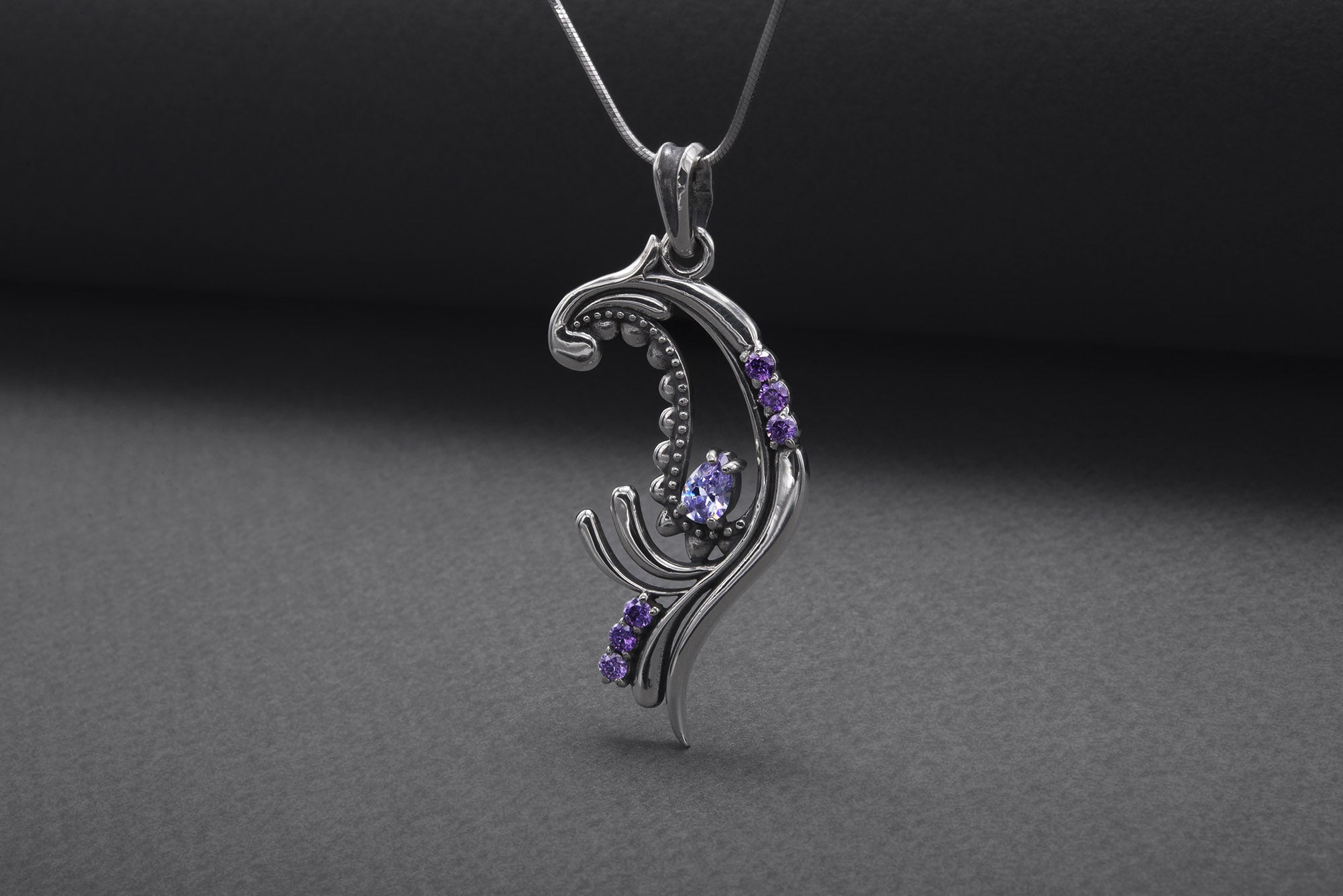 925 Silver Paisley Pattern Pendant with Gems, Handmade Fashion Jewelry - vikingworkshop