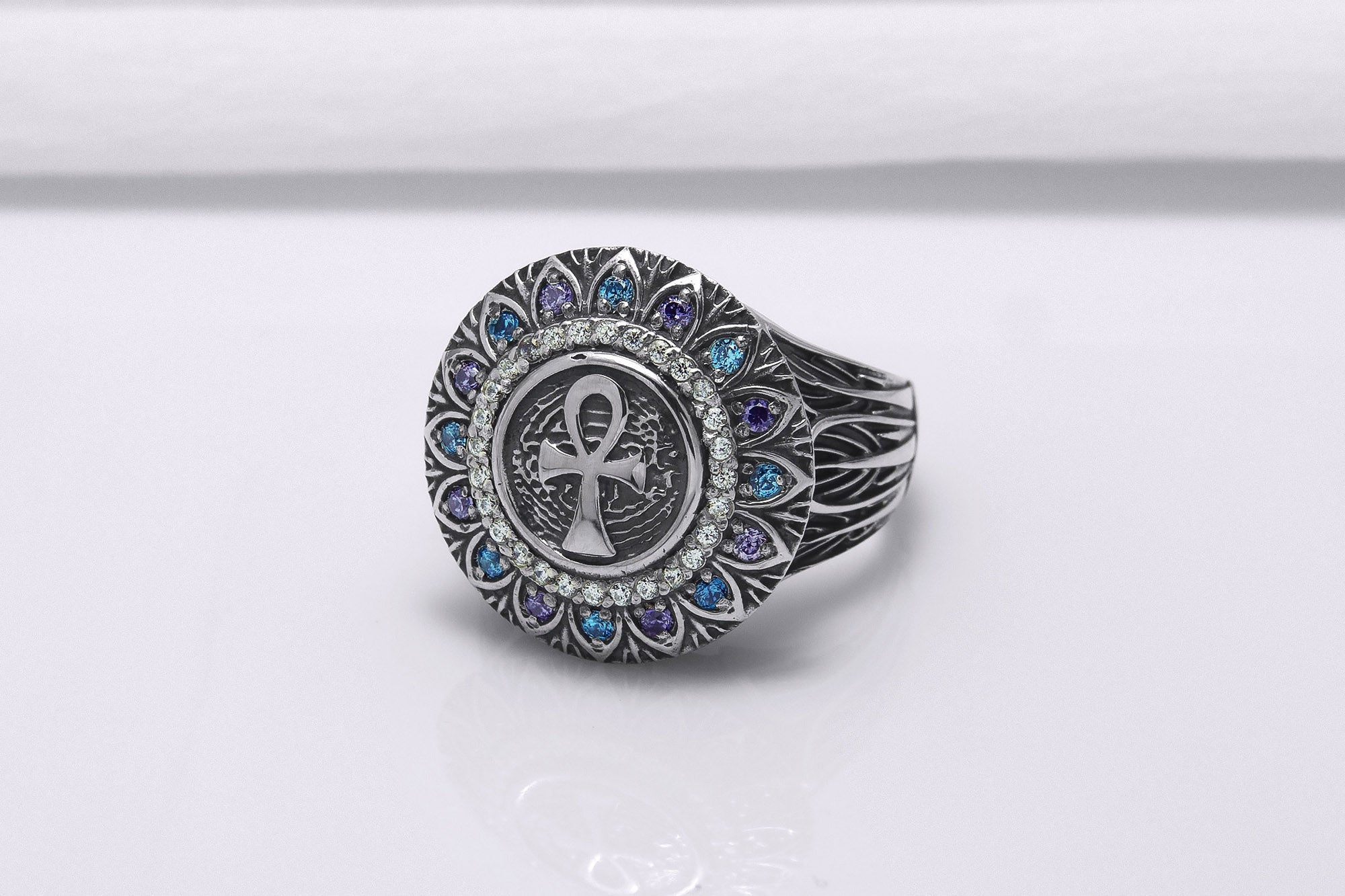 925 Silver Ankh Signet Ring with Gems and Leaves Texture, Handcrafted Egypt Jewelry - vikingworkshop