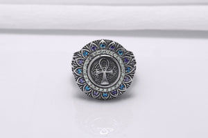 925 Silver Ankh Signet Ring with Gems and Leaves Texture, Handcrafted Egypt Jewelry - vikingworkshop