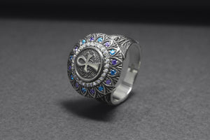 925 Silver Ankh Signet Ring with Gems and Leaves Texture, Handcrafted Egypt Jewelry - vikingworkshop