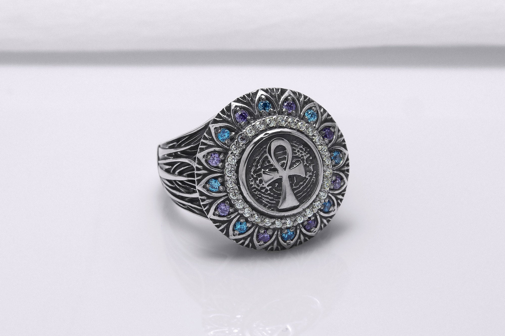 925 Silver Ankh Signet Ring with Gems and Leaves Texture, Handcrafted Egypt Jewelry - vikingworkshop