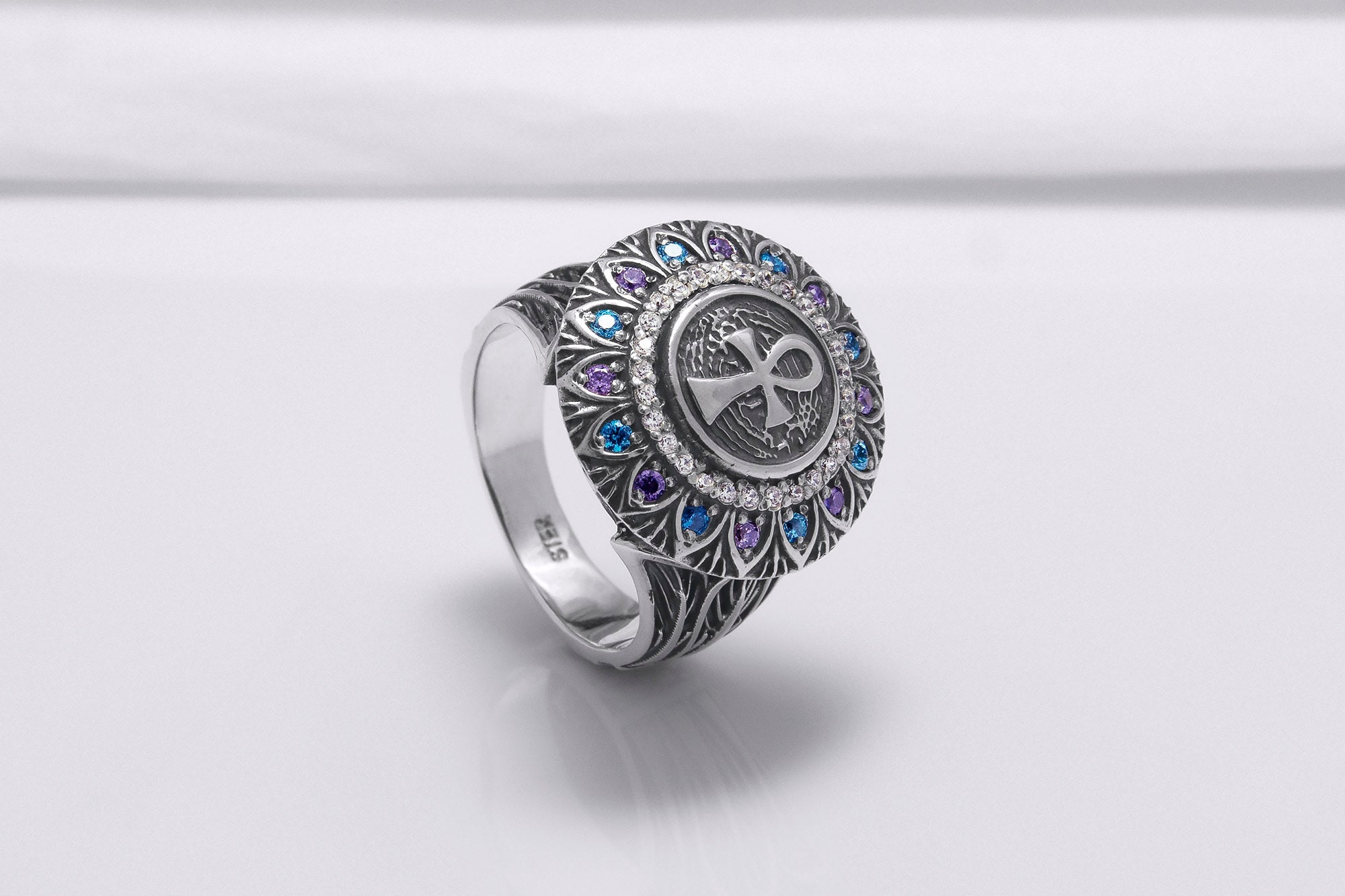 925 Silver Ankh Signet Ring with Gems and Leaves Texture, Handcrafted Egypt Jewelry - vikingworkshop