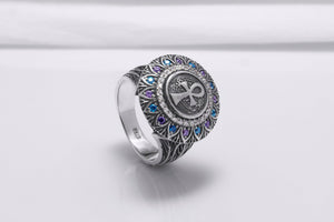 925 Silver Ankh Signet Ring with Gems and Leaves Texture, Handcrafted Egypt Jewelry - vikingworkshop