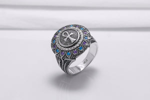 925 Silver Ankh Signet Ring with Gems and Leaves Texture, Handcrafted Egypt Jewelry - vikingworkshop