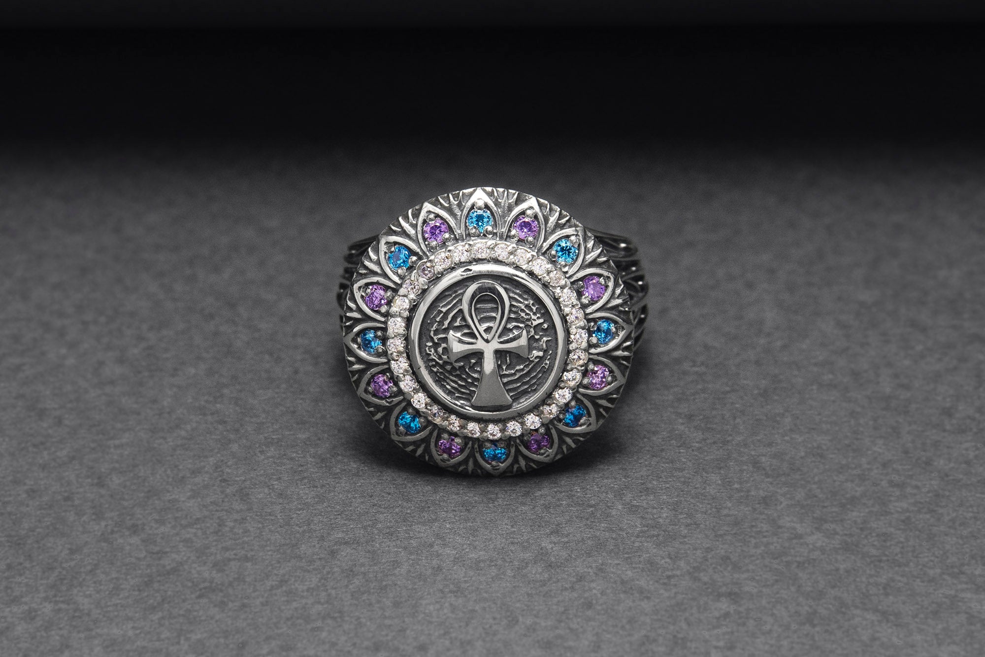 925 Silver Ankh Signet Ring with Gems and Leaves Texture, Handcrafted Egypt Jewelry - vikingworkshop