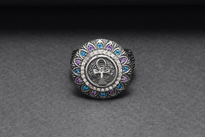 925 Silver Ankh Signet Ring with Gems and Leaves Texture, Handcrafted Egypt Jewelry - vikingworkshop