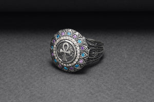 925 Silver Ankh Signet Ring with Gems and Leaves Texture, Handcrafted Egypt Jewelry - vikingworkshop