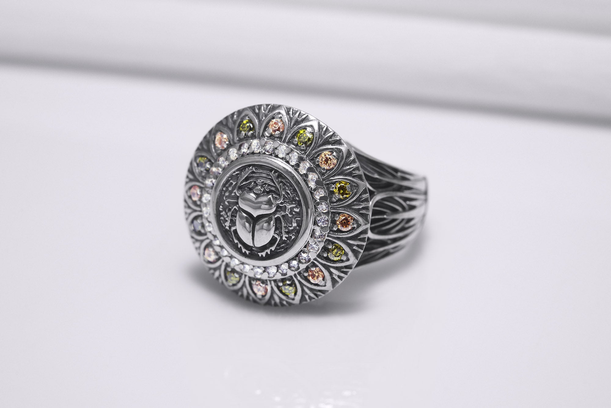 925 Silver Scarab Ring with Leaves Texture and Gems, Handcrafted Egypt Jewelry - vikingworkshop