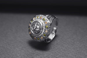 925 Silver Scarab Ring with Leaves Texture and Gems, Handcrafted Egypt Jewelry - vikingworkshop