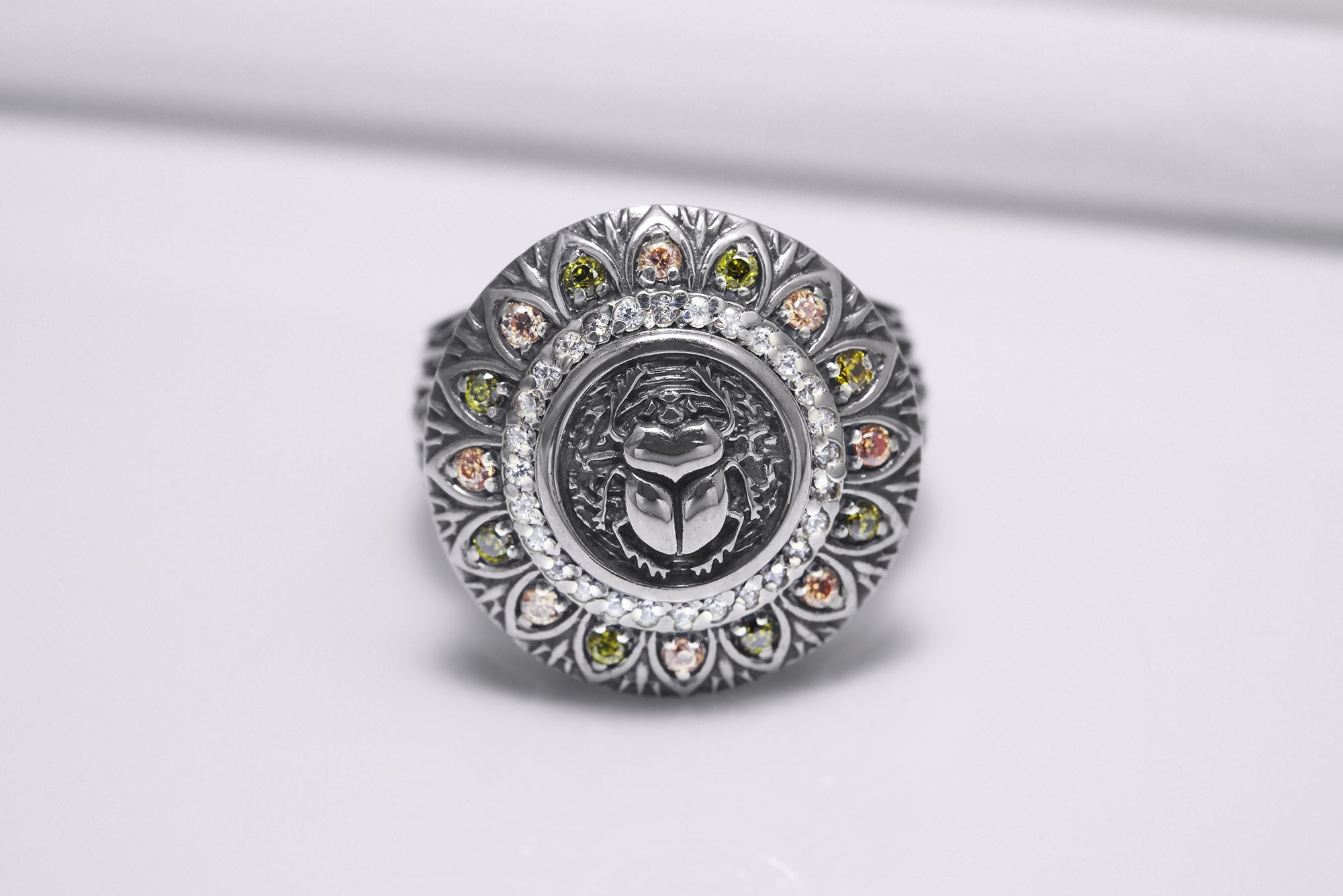 925 Silver Scarab Ring with Leaves Texture and Gems, Handcrafted Egypt Jewelry - vikingworkshop