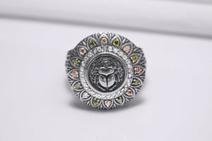 925 Silver Scarab Ring with Leaves Texture and Gems, Handcrafted Egypt Jewelry - vikingworkshop