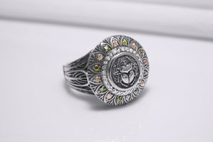 925 Silver Scarab Ring with Leaves Texture and Gems, Handcrafted Egypt Jewelry - vikingworkshop