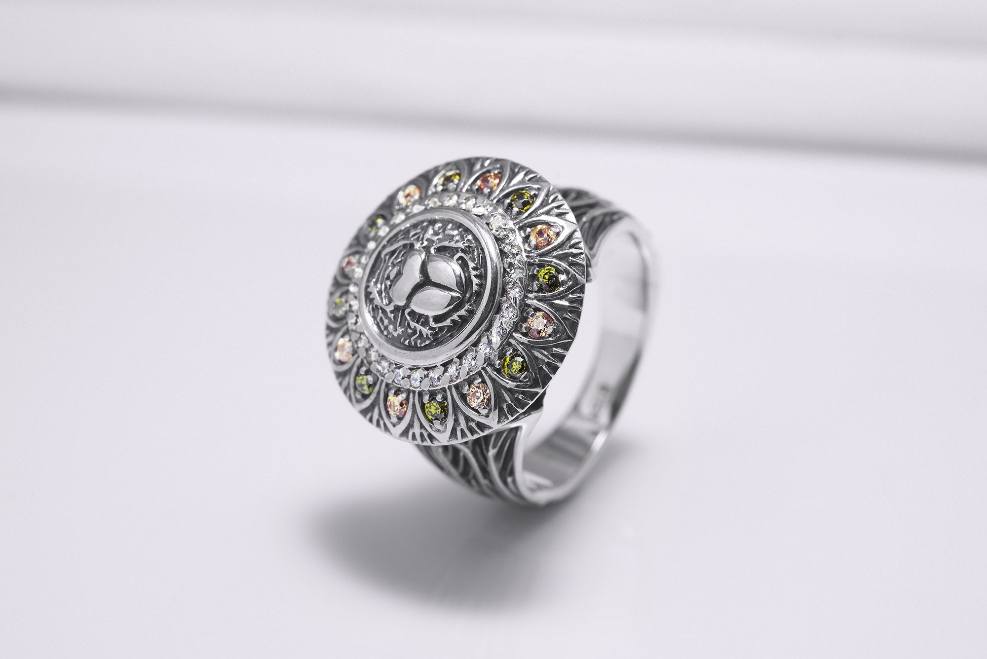 925 Silver Scarab Ring with Leaves Texture and Gems, Handcrafted Egypt Jewelry - vikingworkshop