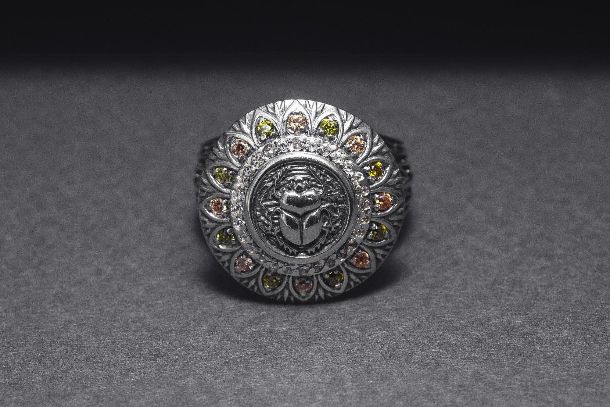 925 Silver Scarab Ring with Leaves Texture and Gems, Handcrafted Egypt Jewelry - vikingworkshop