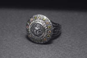 925 Silver Scarab Ring with Leaves Texture and Gems, Handcrafted Egypt Jewelry - vikingworkshop