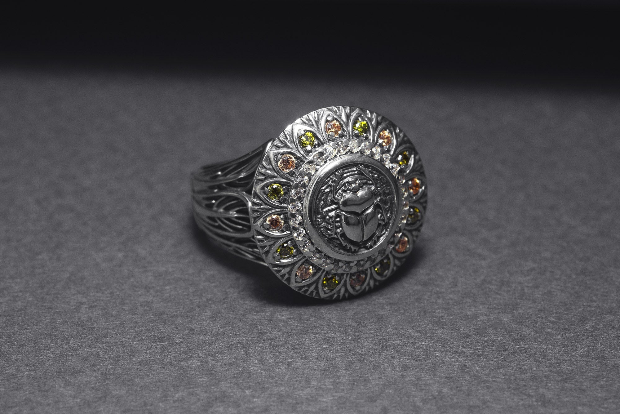 925 Silver Scarab Ring with Leaves Texture and Gems, Handcrafted Egypt Jewelry - vikingworkshop