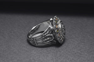 925 Silver Scarab Ring with Leaves Texture and Gems, Handcrafted Egypt Jewelry - vikingworkshop