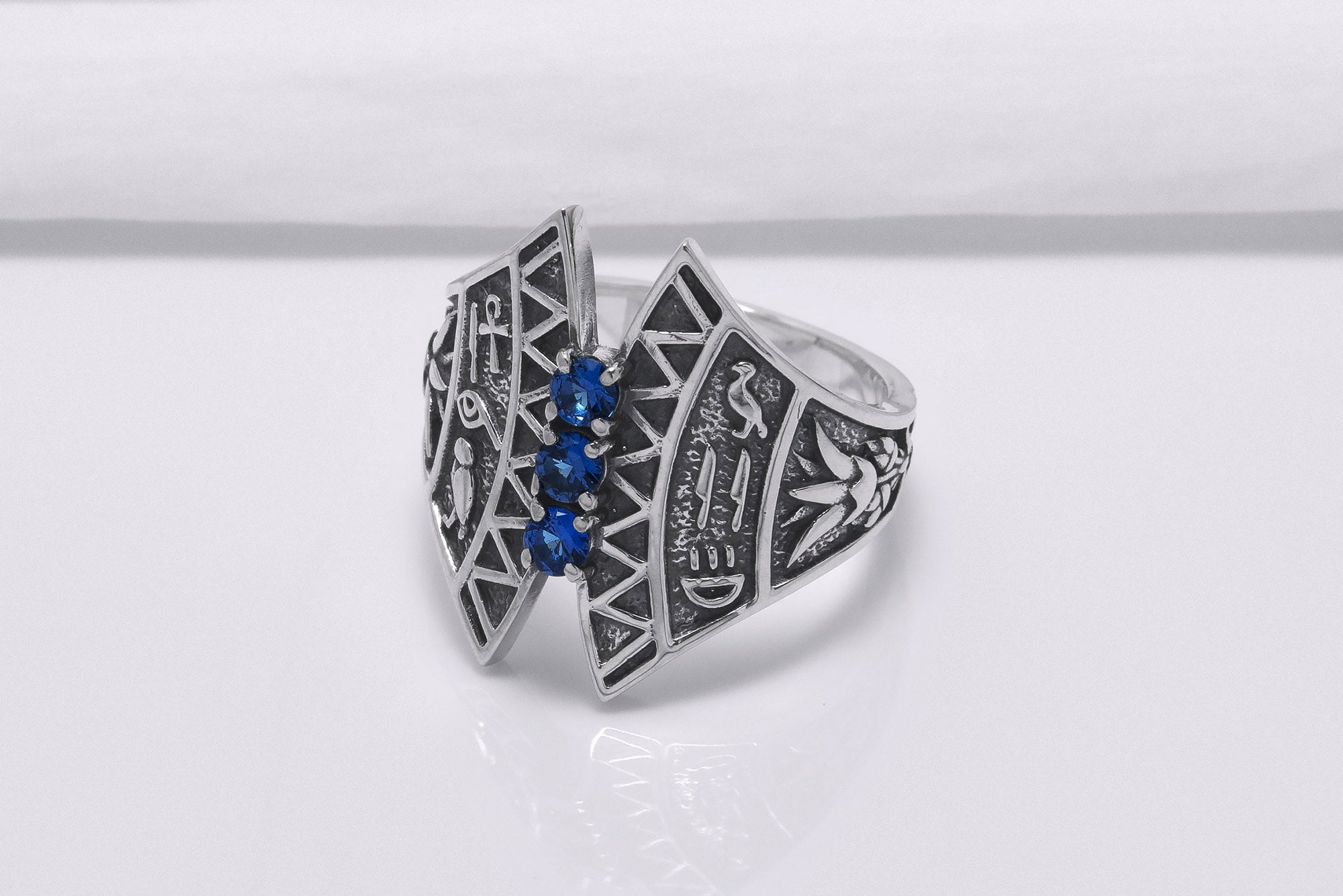 925 Silver Lotus Ring with Egypt Symbols, Handcrafted Jewelry - vikingworkshop