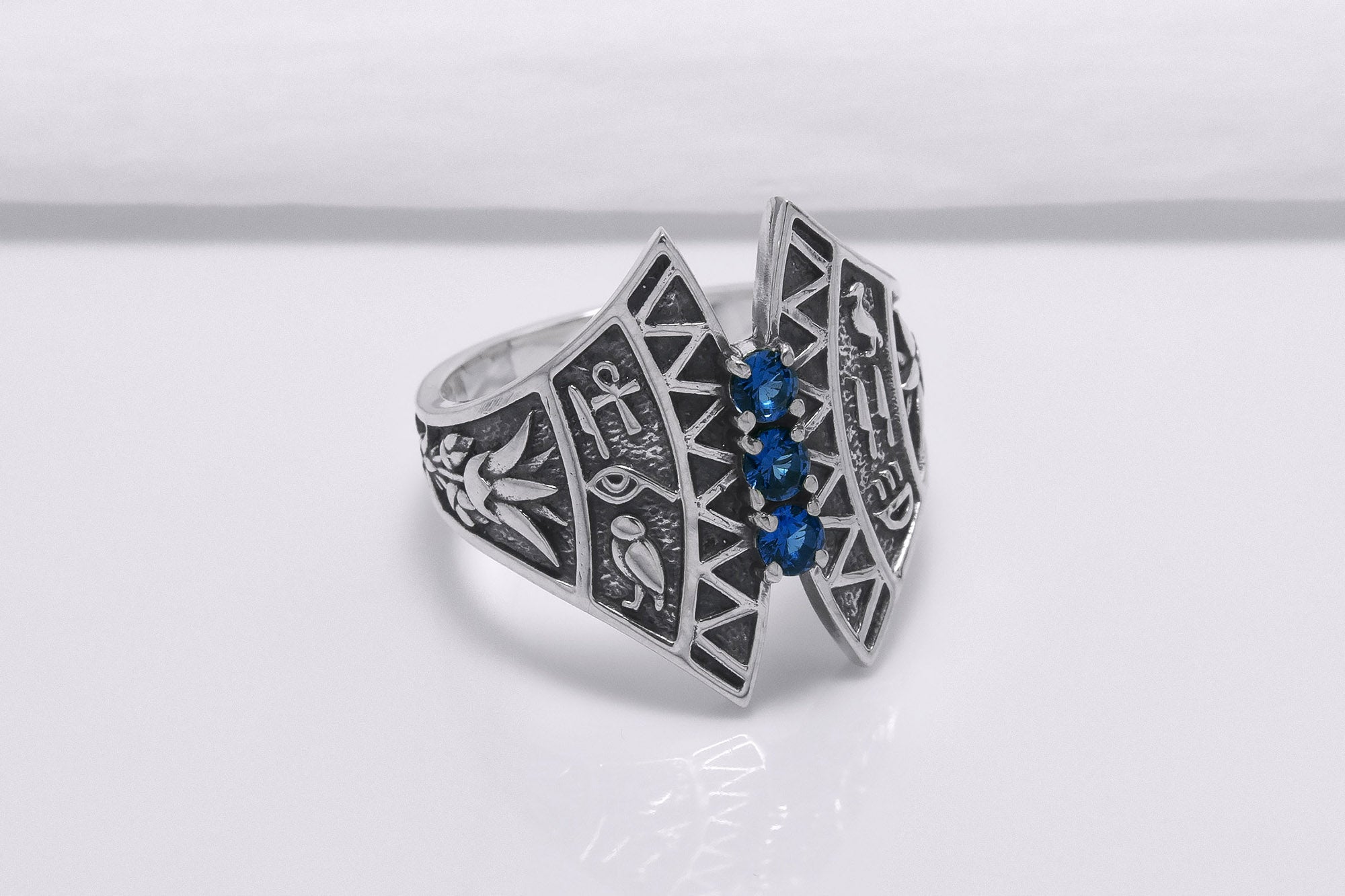 925 Silver Lotus Ring with Egypt Symbols, Handcrafted Jewelry - vikingworkshop