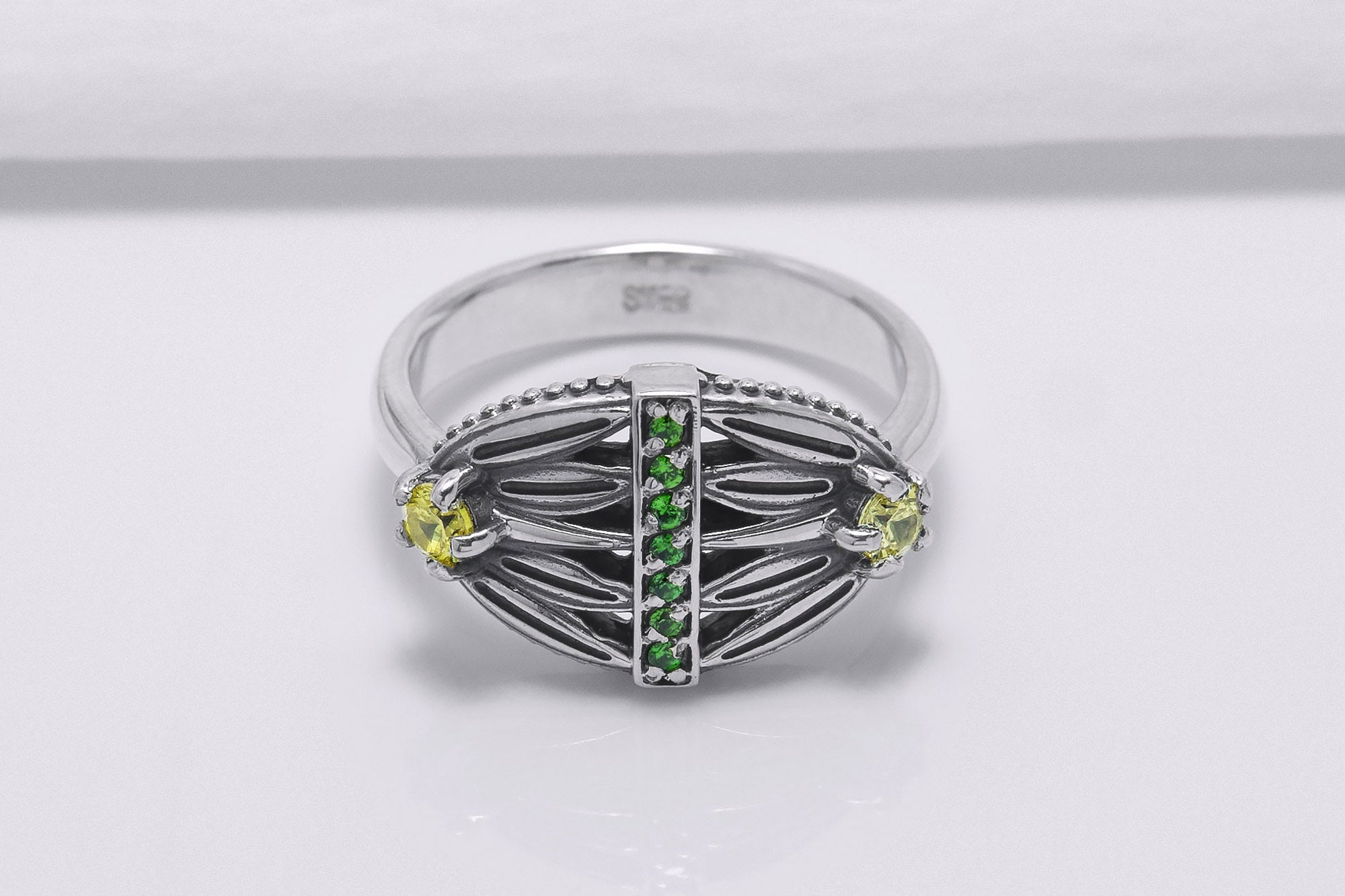 Sterling Silver Lotus Ring with Green and Yellow Gems, Handcrafted Egypt Jewelry - vikingworkshop