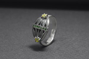 Sterling Silver Lotus Ring with Green and Yellow Gems, Handcrafted Egypt Jewelry - vikingworkshop