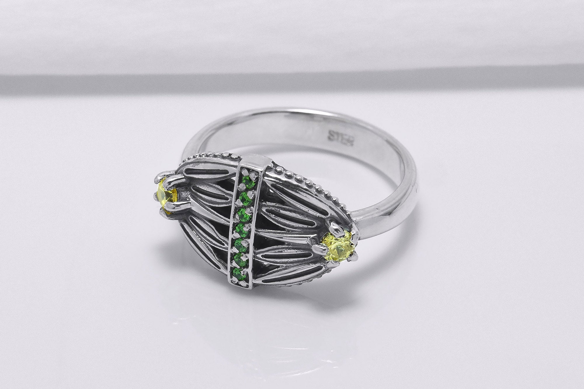 Sterling Silver Lotus Ring with Green and Yellow Gems, Handcrafted Egypt Jewelry - vikingworkshop