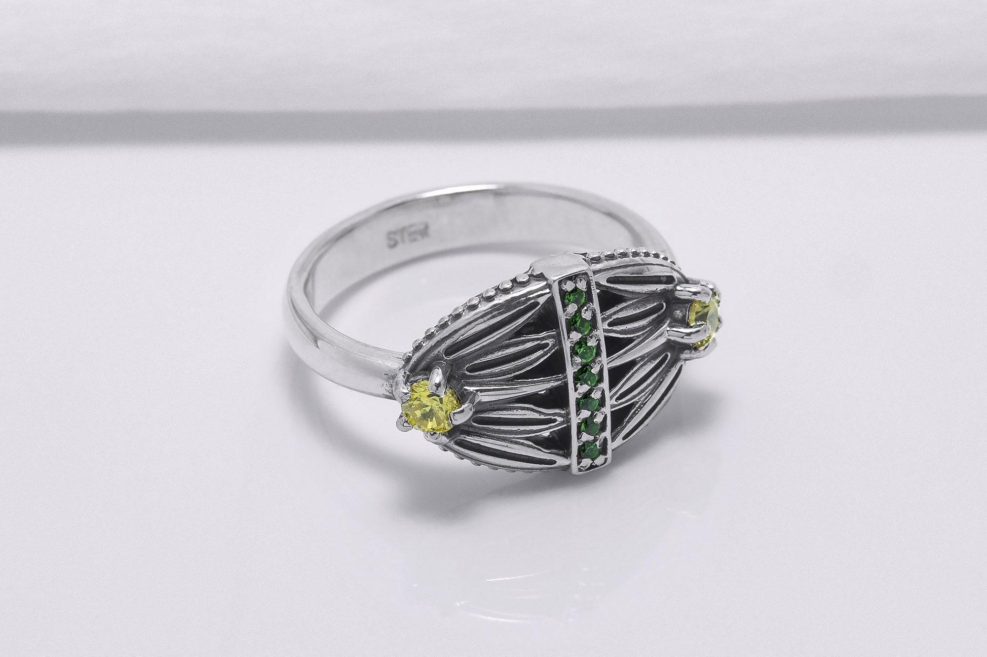 Sterling Silver Lotus Ring with Green and Yellow Gems, Handcrafted Egypt Jewelry - vikingworkshop