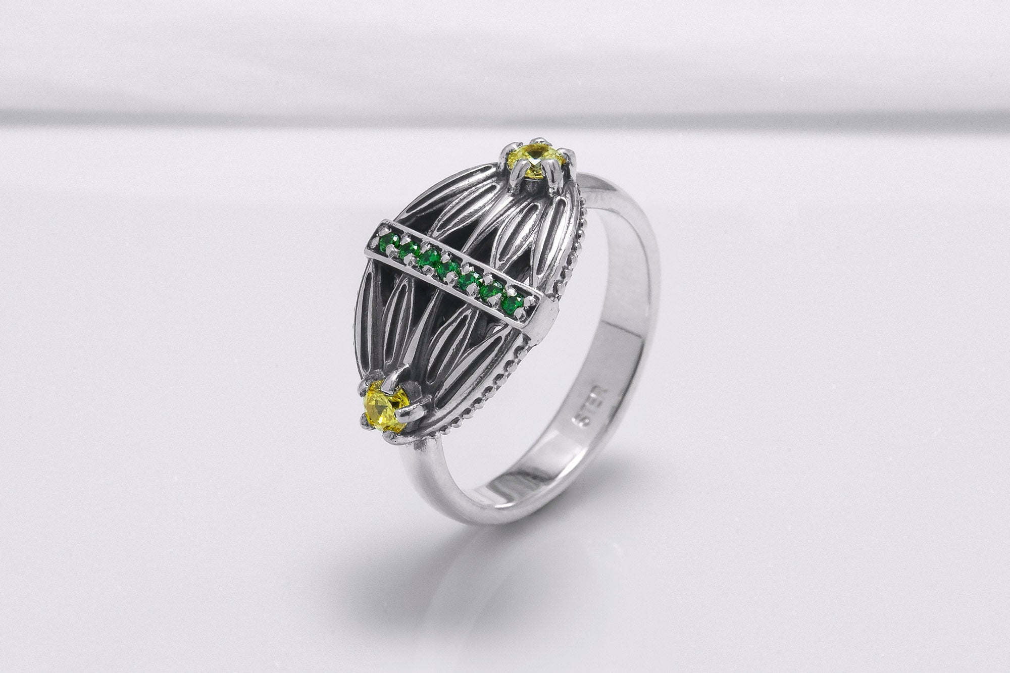 Sterling Silver Lotus Ring with Green and Yellow Gems, Handcrafted Egypt Jewelry - vikingworkshop