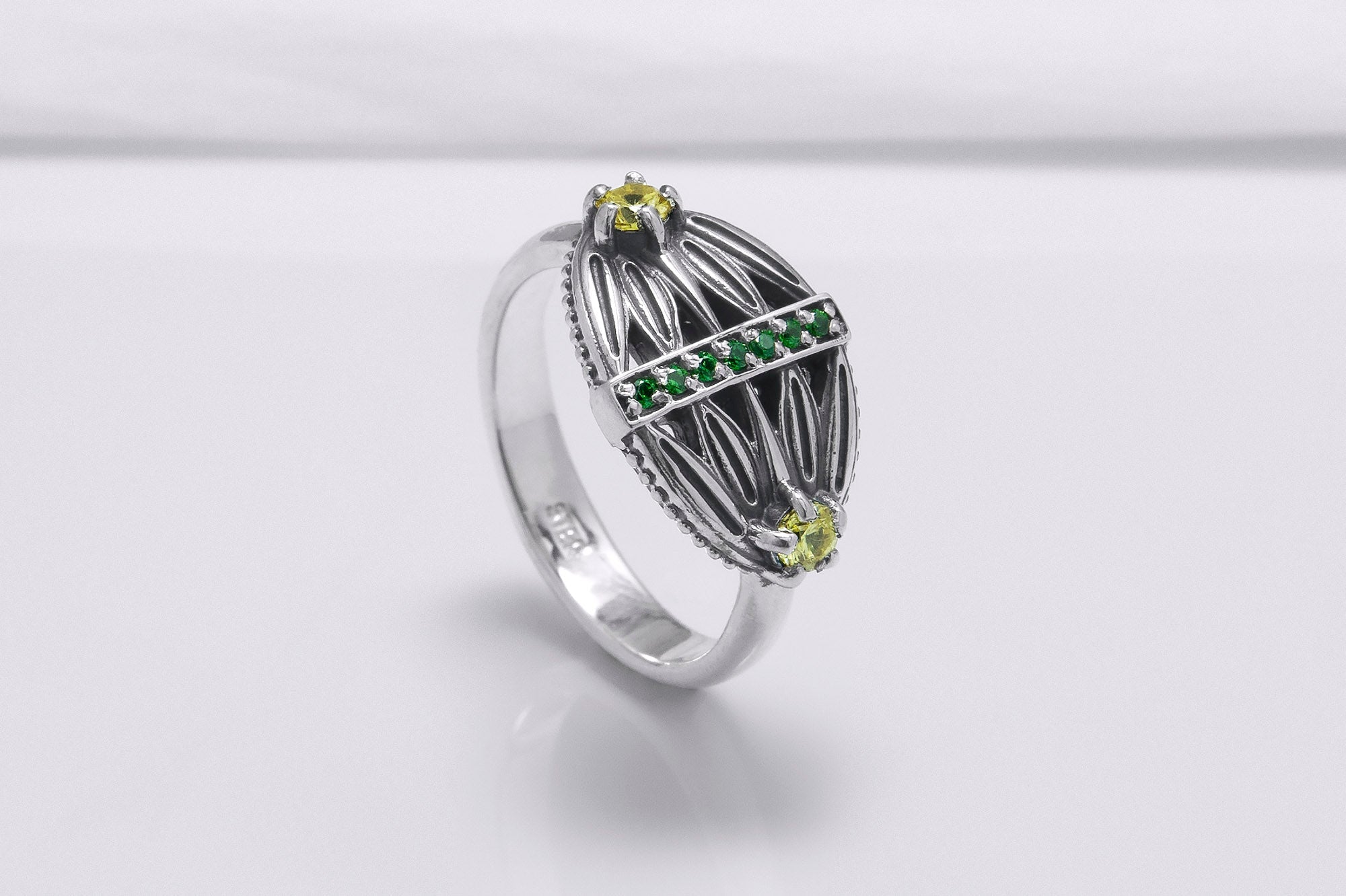 Sterling Silver Lotus Ring with Green and Yellow Gems, Handcrafted Egypt Jewelry - vikingworkshop