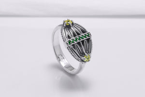 Sterling Silver Lotus Ring with Green and Yellow Gems, Handcrafted Egypt Jewelry - vikingworkshop