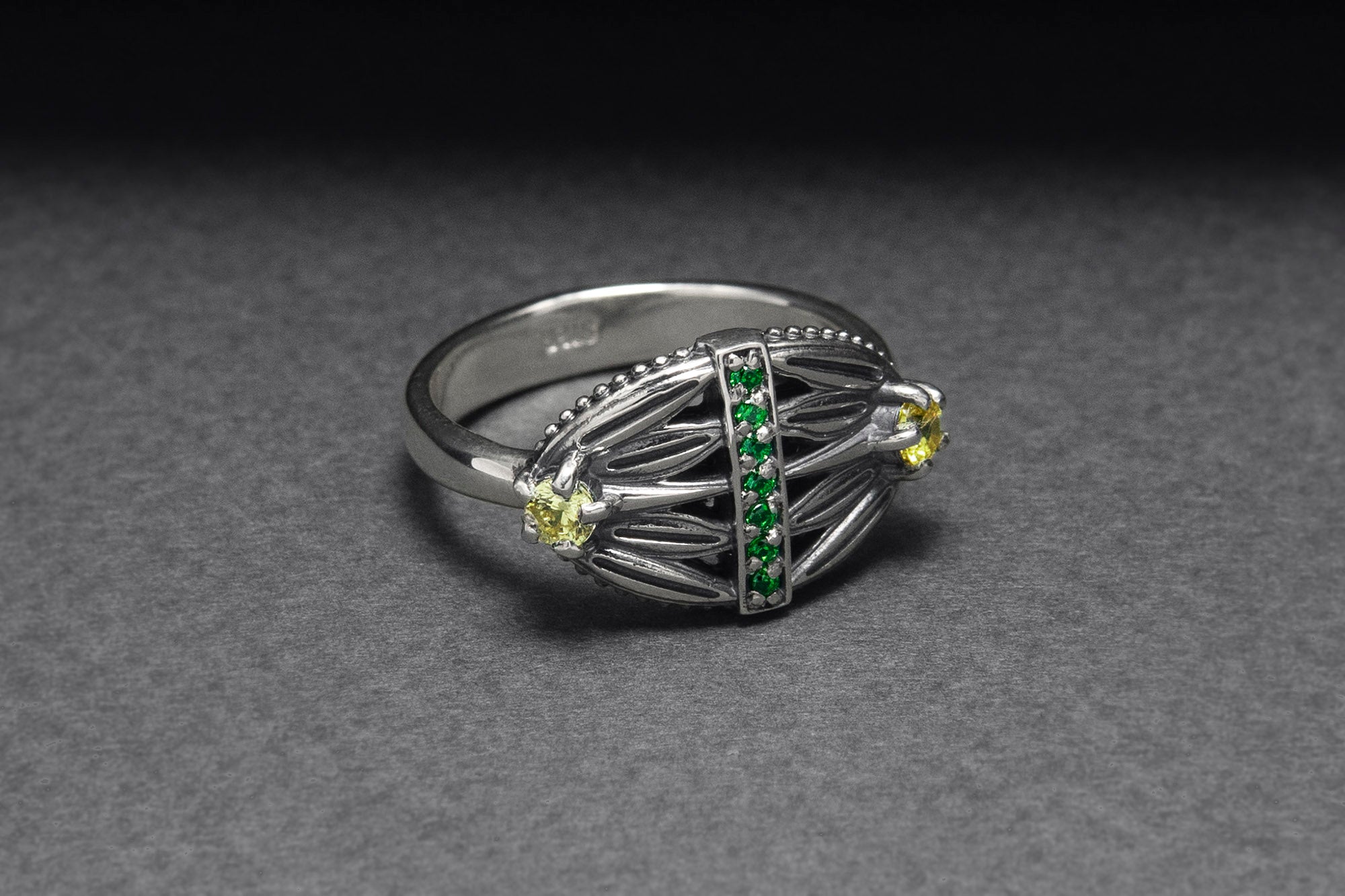 Sterling Silver Lotus Ring with Green and Yellow Gems, Handcrafted Egypt Jewelry - vikingworkshop