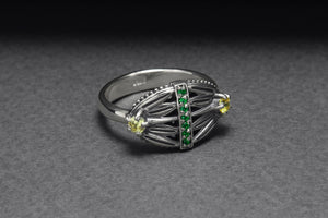 Sterling Silver Lotus Ring with Green and Yellow Gems, Handcrafted Egypt Jewelry - vikingworkshop