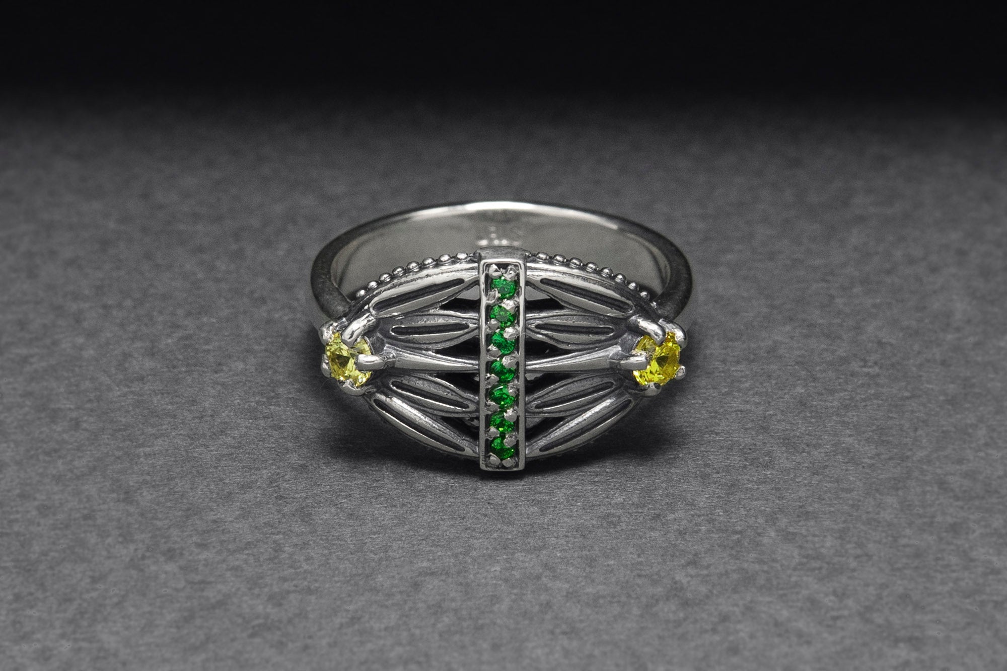 Sterling Silver Lotus Ring with Green and Yellow Gems, Handcrafted Egypt Jewelry - vikingworkshop