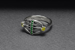 Sterling Silver Lotus Ring with Green and Yellow Gems, Handcrafted Egypt Jewelry - vikingworkshop