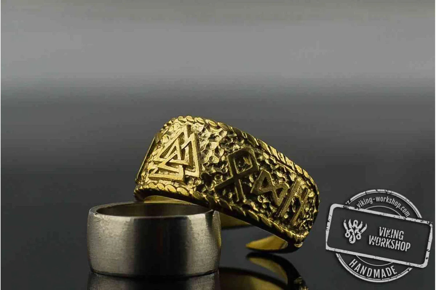 14K Gold Valknut Symbol Ring with HAIL ODIN Runes Viking Jewelry - vikingworkshop