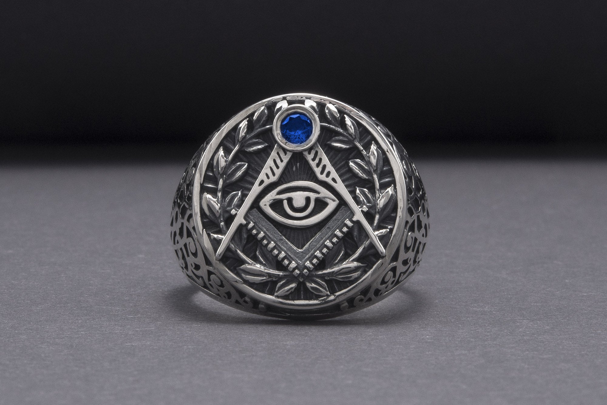 Handmade Ring with Blue Gem And Masonic Symbol, Sterling Silver Jewelry - vikingworkshop